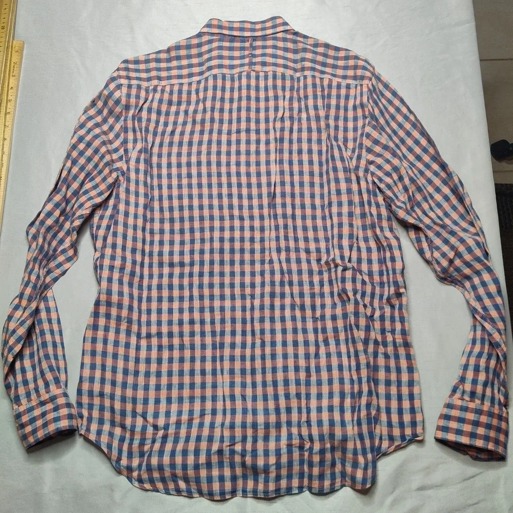 BANANA REPUBLIC CAMDEN FIT LINEN‎ Men Large Blue Orange Plaid Shirt EUC